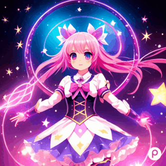 A magical anime girl unleashing her powers, surrounded by sparkling stars and vibrant ribbons