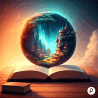 An animated book opening to reveal a magical world inside